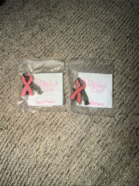 The Pampered Chef Pink and Black Awareness Ribbon Pins - Pair SEALED